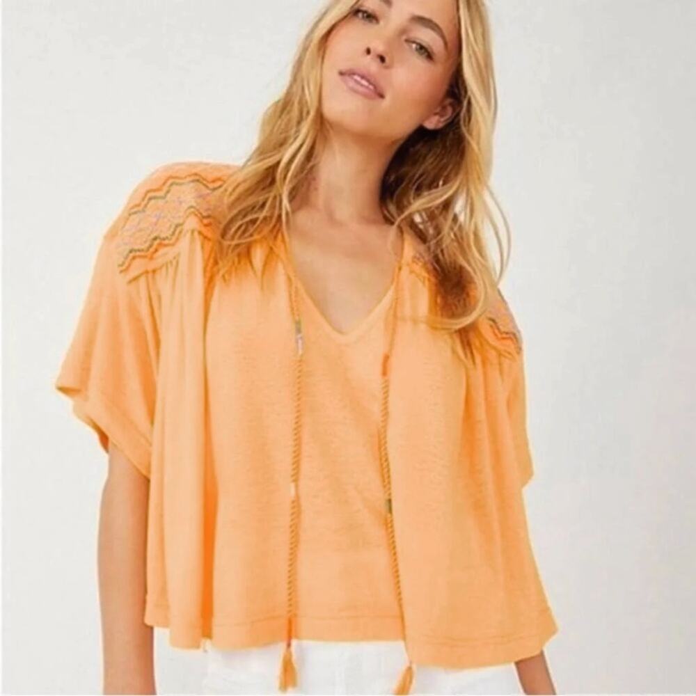 Free People Top Orange Peach Embroidered Short Sleeve V Neck Tie Front Boho XS